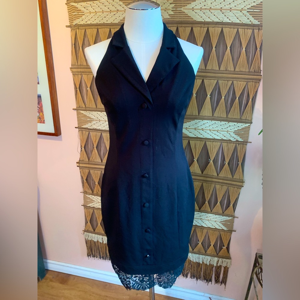 Sexy y2k Guess Lace Trimmed Halter Neck Classic Little Black Cocktail Dress Sz 8